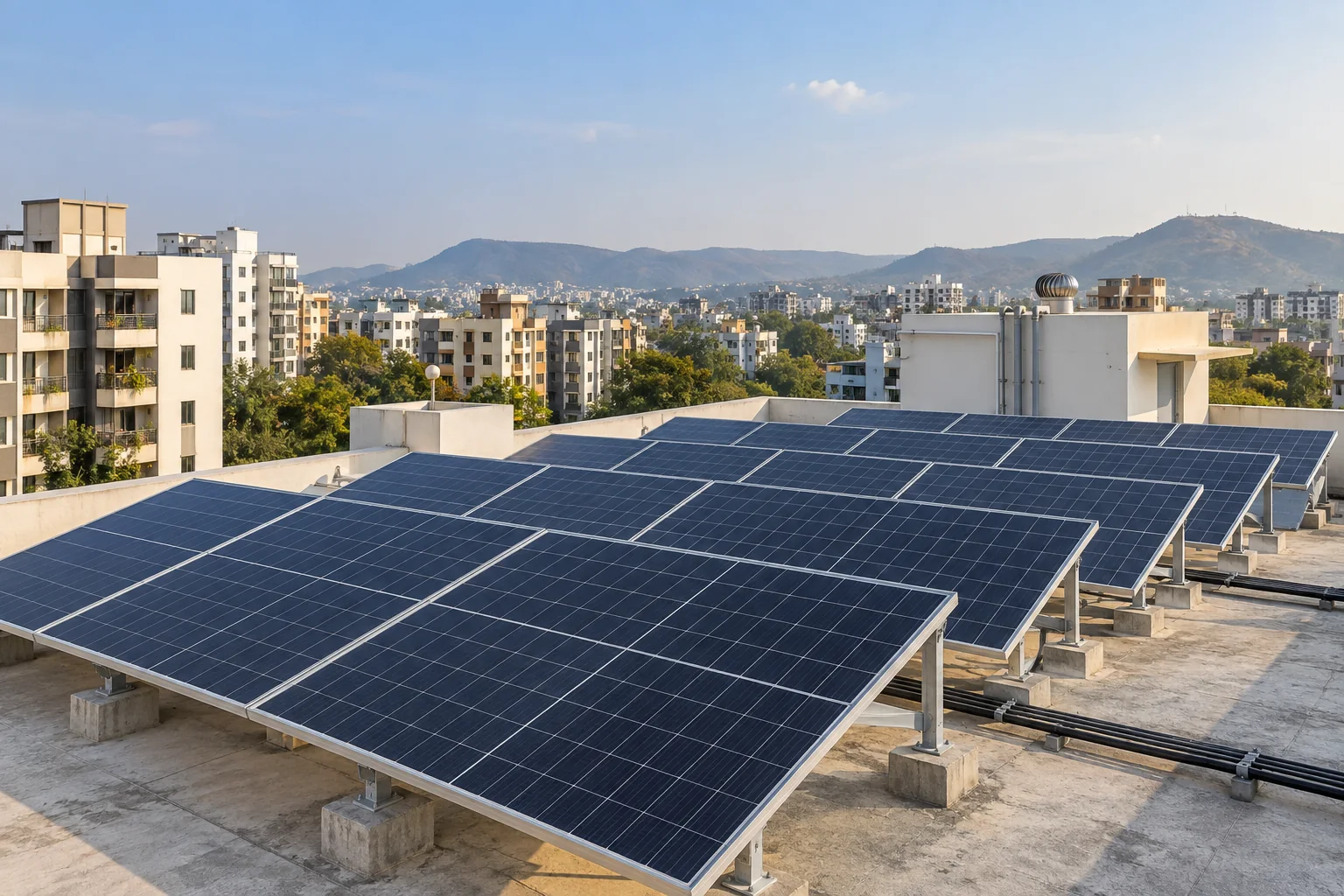 Rooftop solar panels on a residential building terrace in Pune